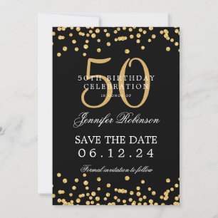 Gold Black 50th Birthday Save the Date Confetti Invitation