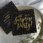 Gold & Black | 50th Surprise Birthday Party Invitation<br><div class="desc">Celebrate your special day with this stylish modern surprise birthday party invitation template. This design features chic gold textured calligraphy and confetti on a black background. You can customise the text to any birthday or events. (21st,  30th,  40th,  50th,  60th,  70th,  80th,  90th,  100th)</div>