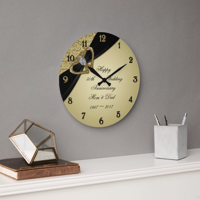 Gold Black 50th Wedding Anniversary Large Clock (Office)