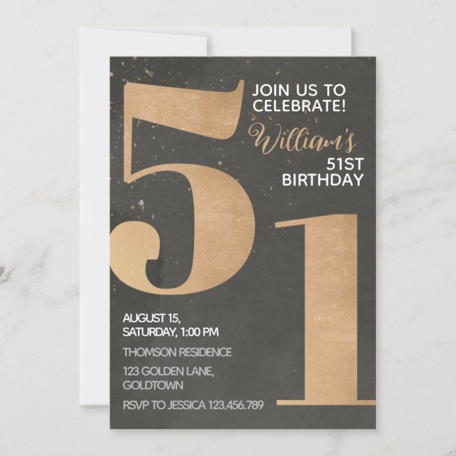 Gold Black 51st Birthday Invitation (Front)