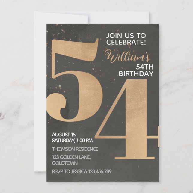 Gold Black 54th Birthday Invitation (Front)