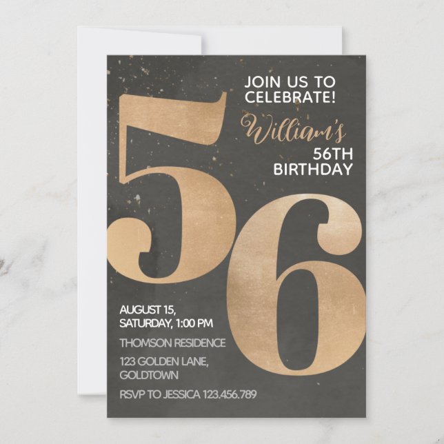 Gold Black 56th Birthday Invitation (Front)
