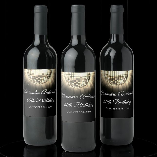 Gold Black 60th Birthday Party 70's Disco Ball Wine Label (Creator Uploaded)