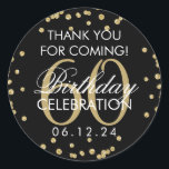 Gold Black 60th Birthday Thank You Confetti Classic Round Sticker<br><div class="desc">Elegant 60th Birthday "Thank You" Gold Faux Glitter Confetti Black favour tag template.</div>