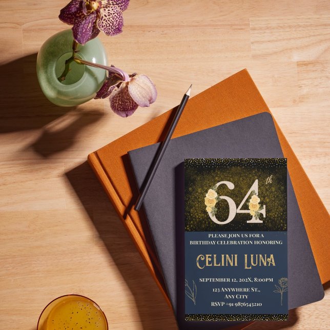 Gold & Black 61st–69th Birthday Party Invitations (Gold & Black 64th Birthday Invitations)