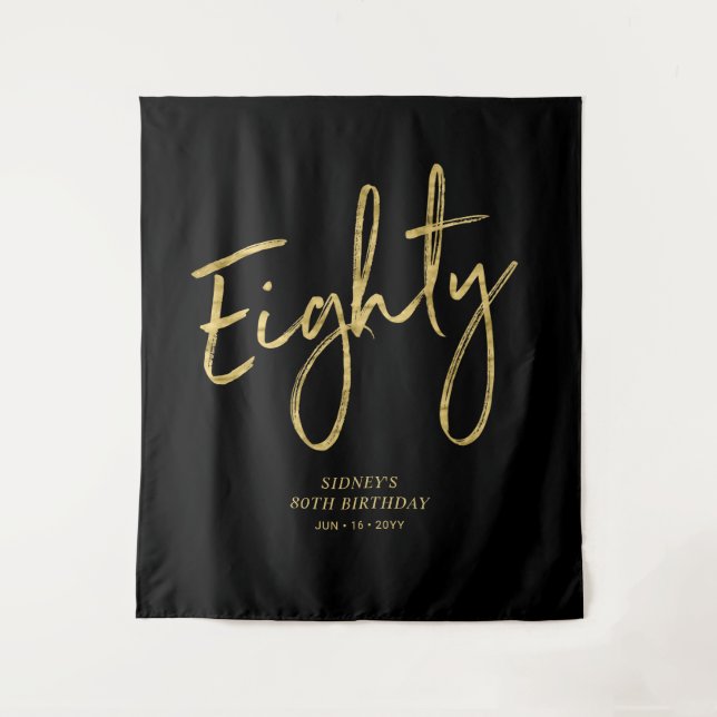 Gold & Black 80th Birthday Party Backdrop Tapestry (Front)