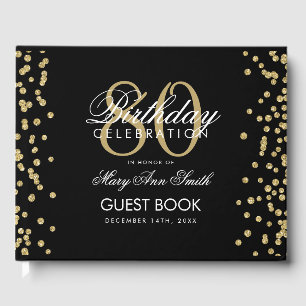 Gold Black 80th Birthday Party Glitter Confetti Guest Book