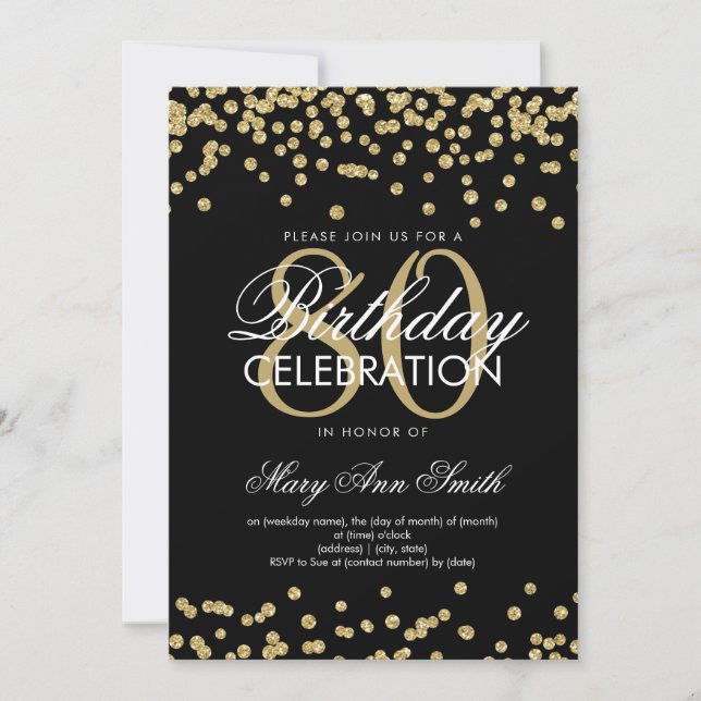 Gold Black 80th Birthday Party Glitter Confetti Invitation (Front)