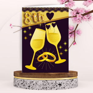 Gold Black 8th Anniversary Card with Rings Hearts 