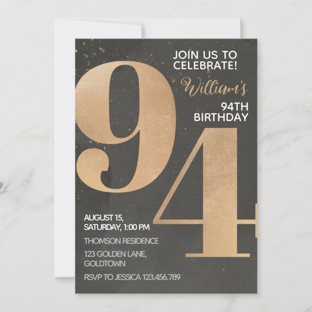 Gold Black 94th Birthday Invitation (Front)