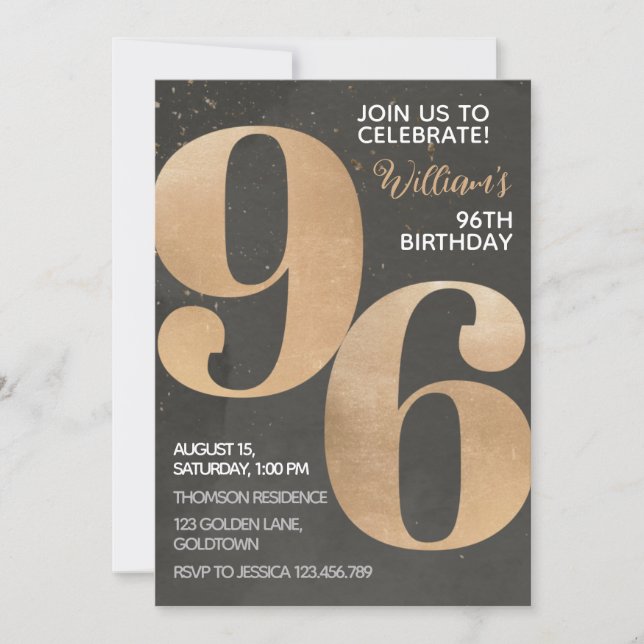 Gold Black 96th Birthday Invitation (Front)