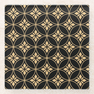 Gold & Black: Abstract Floral Vintage Glass Coaster
