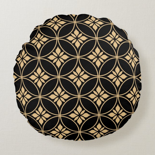 Gold & Black: Abstract Floral Vintage Round Cushion (Front)