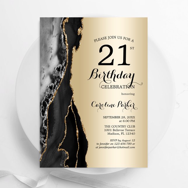 Gold Black Agate 21st  Birthday Invitation (Creator Uploaded)