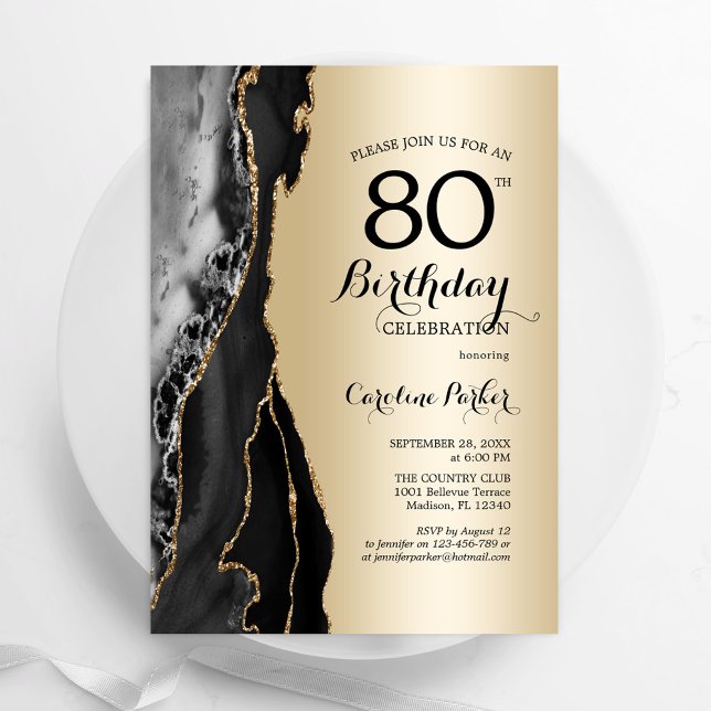 Gold Black Agate 80th Birthday Invitation (Creator Uploaded)