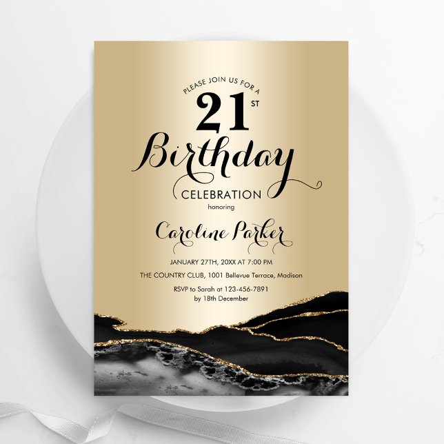 Gold Black Agate Marble 21st Birthday Invitation (Creator Uploaded)