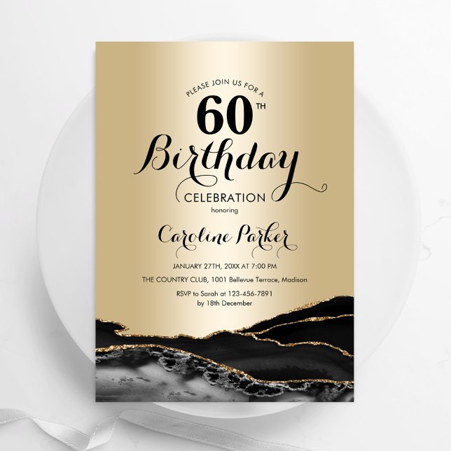 Gold Black Agate Marble 60th Birthday Invitation (Creator Uploaded)