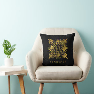 Gold Black Ancient Greek Meander Monogram Cushion