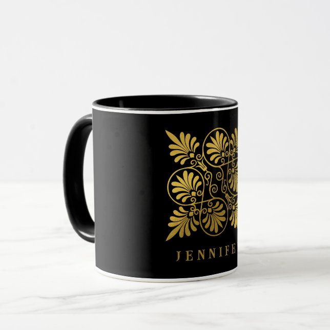 Gold Black Ancient Greek Meander Monogram Mug (Front Left)