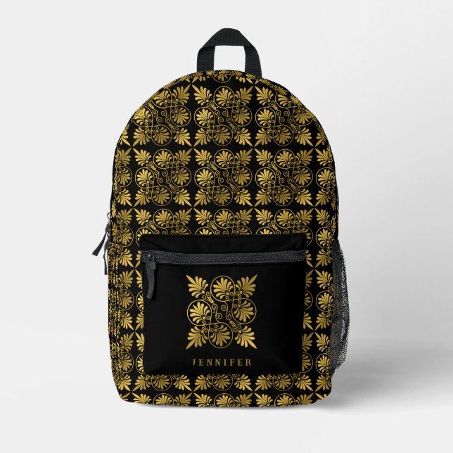 Gold Black Ancient Greek Meander Monogram Printed Backpack (Front)