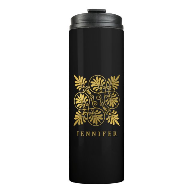 Gold Black Ancient Greek Meander Monogram Thermal Tumbler (Front)