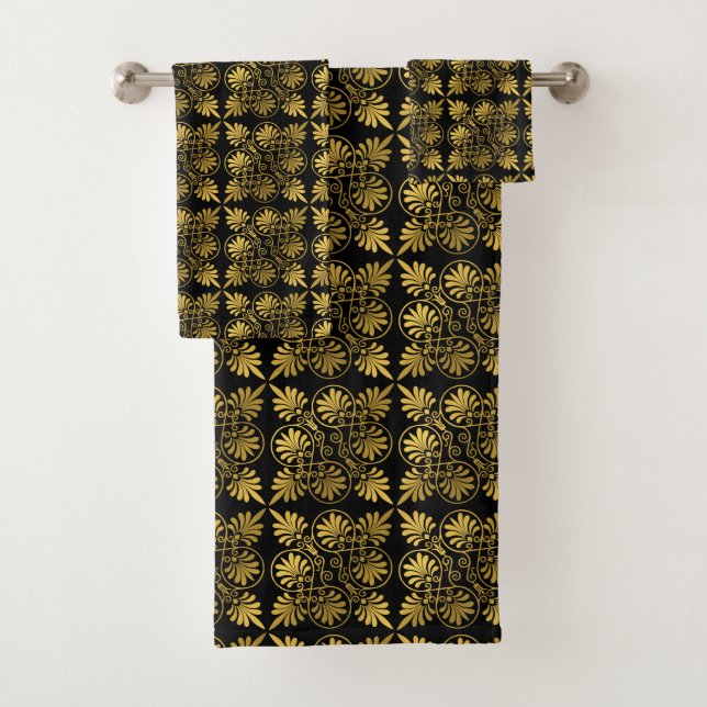 Gold Black Ancient Greek Meander Pattern Bath Towel Set (Insitu)