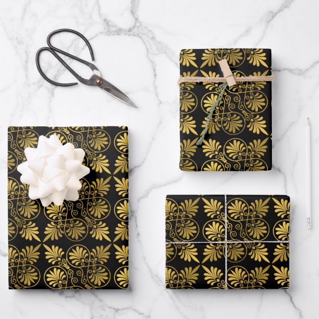 Gold Black Ancient Greek Meander Pattern Wrapping Paper Sheet (Front)