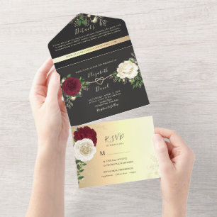 Gold Black and Burgundy Floral Wedding All In One Invitation