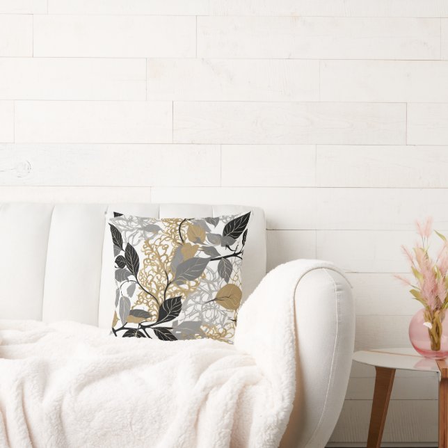 Gold, Black and Gray Leaf Vine Design Cushion (Couch)