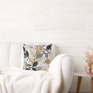 Gold, Black and Grey Leaf Vine Design Cushion