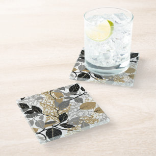 Gold, Black and Grey Leaf Vine Design Glass Coaster