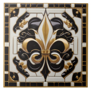 Gold Black and White Fleur de Lis Faux Relief Tile