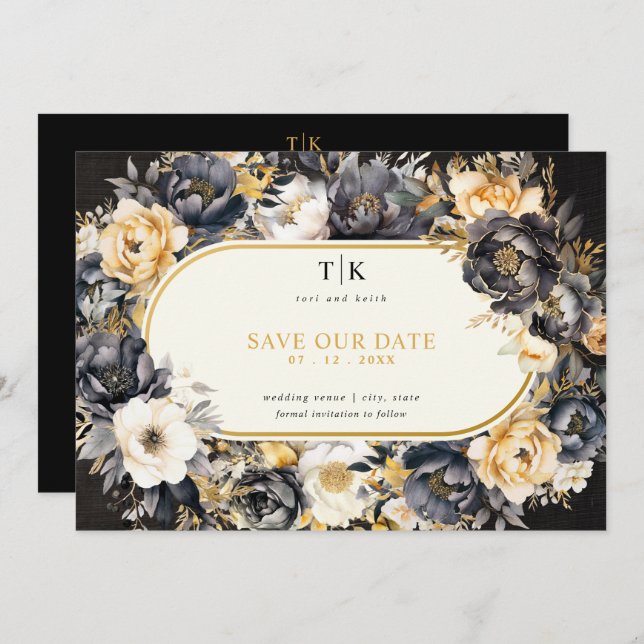 Gold Black and White Moody Wedding Save The Date (Front/Back)