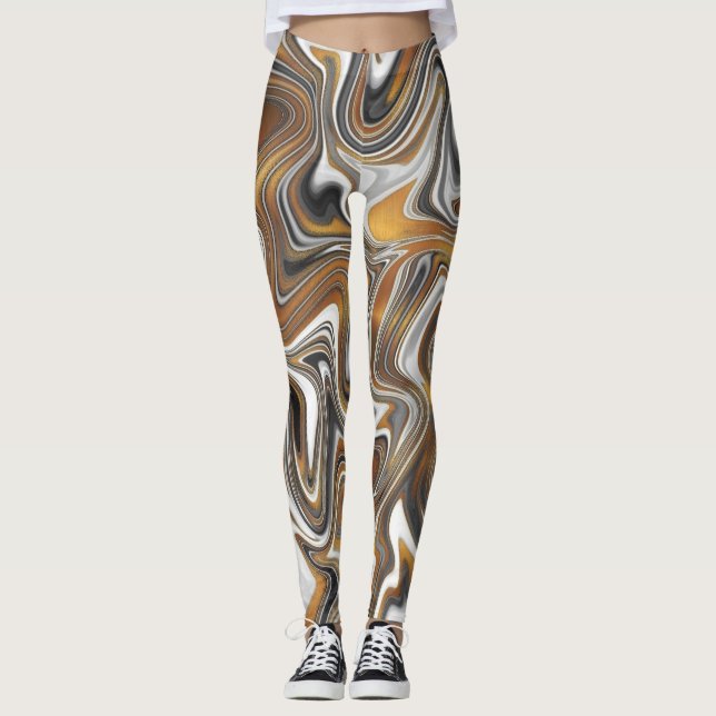 Gold Black and White Paint Pouring Leggings (Front)