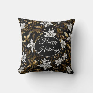 Gold, Black and White Poinsettia Happy Holidays Cushion
