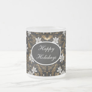 Gold, Black and White Poinsettia Happy Holidays Frosted Glass Coffee Mug