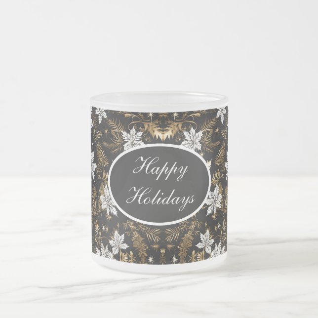 Gold, Black and White Poinsettia Happy Holidays Frosted Glass Coffee Mug (Center)