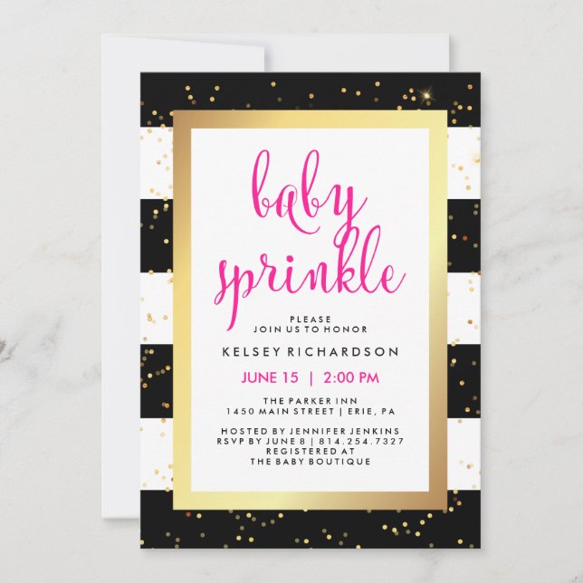 Gold Black and White Stripes Baby Sprinkle | Pink Invitation (Front)