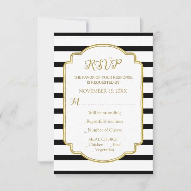 Gold Black and White Stripes Wedding RSVP Card (Front)