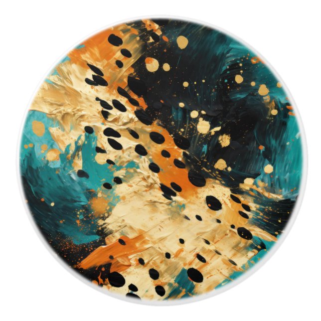 Gold Black Aqua Orange Leopard Abstract Ceramic Knob (Front)