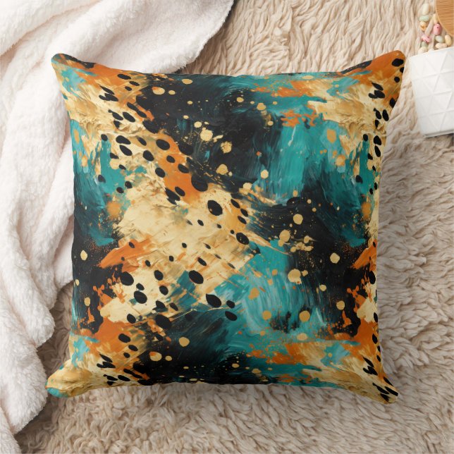 Gold Black Aqua Orange Leopard Abstract Cushion (Blanket)