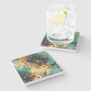 Gold Black Aqua Orange Leopard Abstract Stone Coaster
