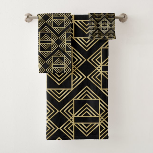 Gold & Black Art Deco Bold Retro Glam Pattern Bath Towel Set (Insitu)