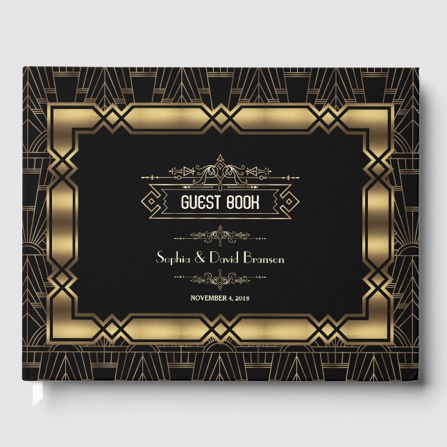Gold Black Art Deco Gatsby 1920s Style Wedding Guest Book (Front)