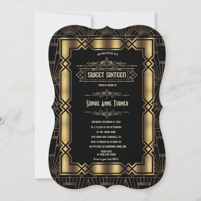 Gold Black Art Deco Gatsby 1920s Sweet Sixteen Invitation (Front)