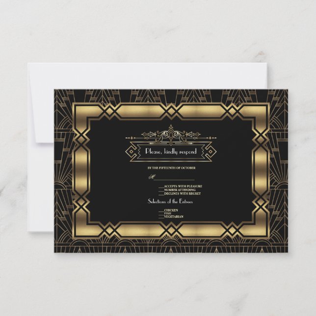 Gold Black Art Deco Gatsby 20s Style Wedding RSVP Card (Front)