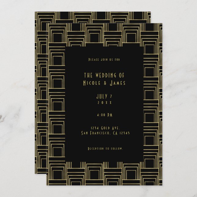 Gold Black Art Deco Geometric Sleek Retro Wedding  Invitation (Front/Back)