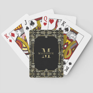 Gold Black Art Deco Glitter Frame Monogram Playing Cards