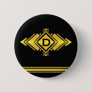 Gold & Black Art Deco Style Monogram 6 Cm Round Badge