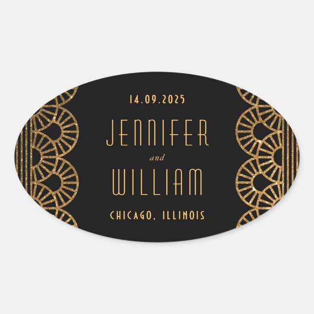 Gold Black Art Deco Style Wedding Sticker (Front)
